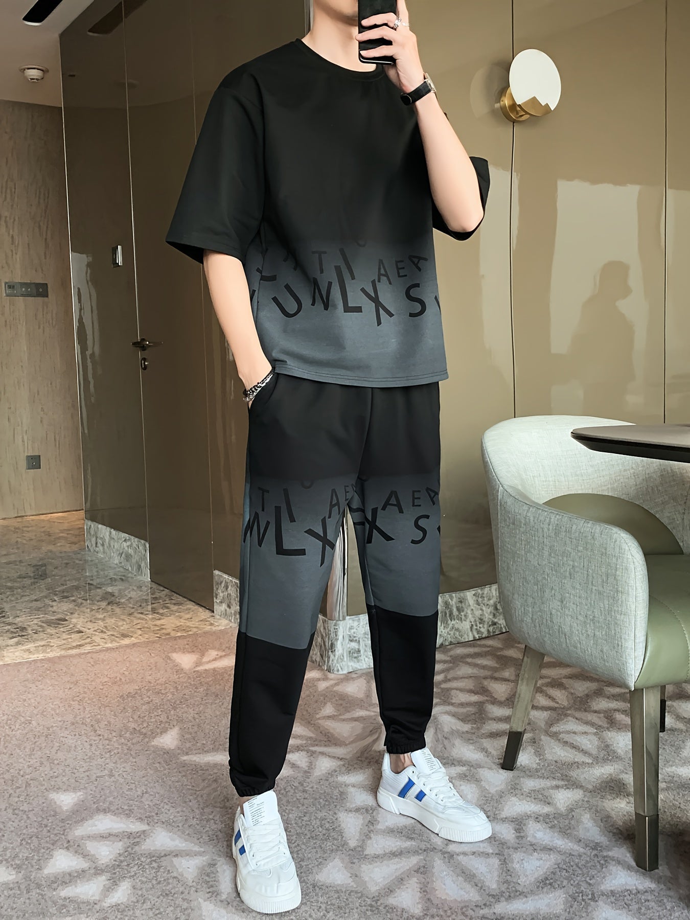 Men's Summer Casual Cotton Blend Outfit Set - Gradient Color Short Sleeve T-Shirt & Stylish Drawstring Shorts, Machine Washable