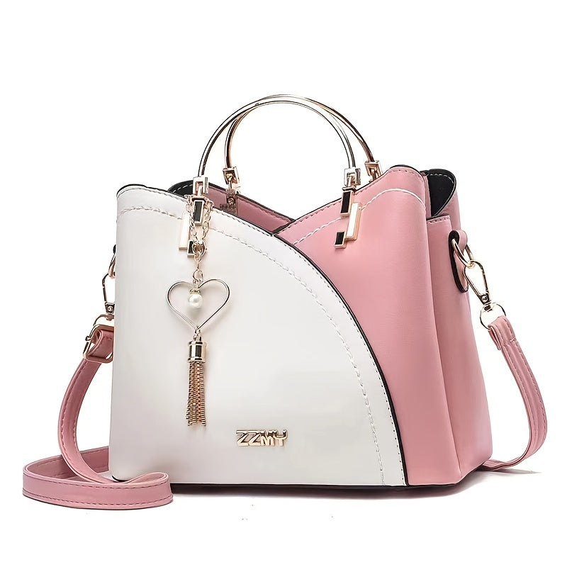 Elegant Light Blue & Pink Handbag with Golden-Tone Hardware, Heart Pendant Charm, And Detachable Shoulder Strap - Perfect Gift for Mom Or Family, Stylish Women'S Clutch Bag, Cute Purse