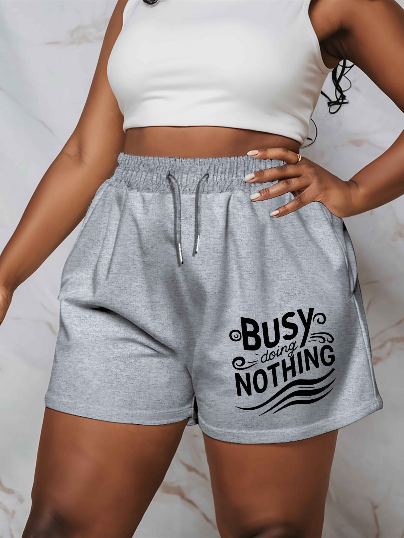 Busy doing nothing 2025 New Plus Size Women'S Shorts Summer Casual Versatile Medium Pants Sports American Trendy Outerwear Extra Large Five-Fifth Pants Summer Beach Pants - Polyester, Casual, Summer, Track Shorts, Slight Stre