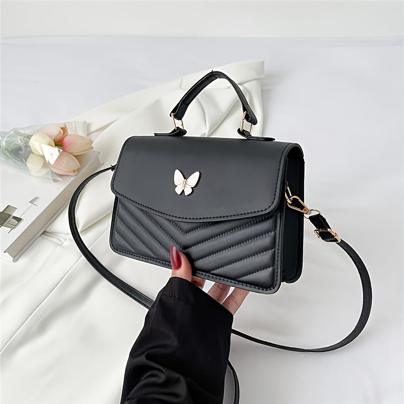 Elegant Women's Crossbody Bag with Butterfly Embellishment - Quilted Black Synthetic Leather Handbag, Magnetic Closure & Adjustable Strap, Compact Everyday Shoulder Bag for Women, Crossbody Purse, Sophisticated Accessory