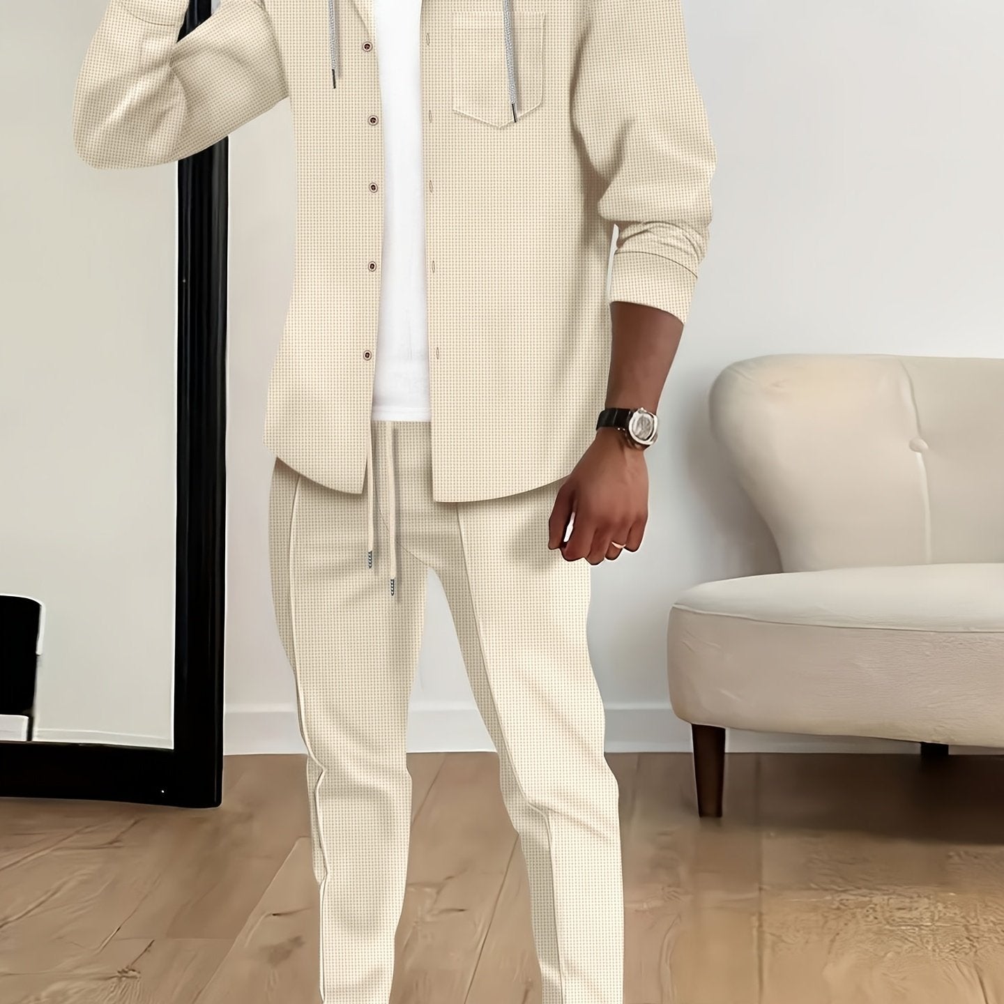 New Long Sleeve Buttoned Hooded Jacket and Rope Pants Set for Spring and Autumn, Waffle Solid Classic Men's Sports 2pcs Sports Suit - Sports Suit for Outdoor Sports Enthusiasts, Breathable and Comfortable
