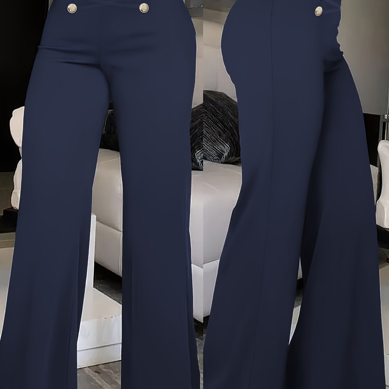 Elegant Double-Breasted Waistband Casual Pants, Solid Color, Polyester, Machine Washable - All Seasons, Queen Style, High-Grade Design