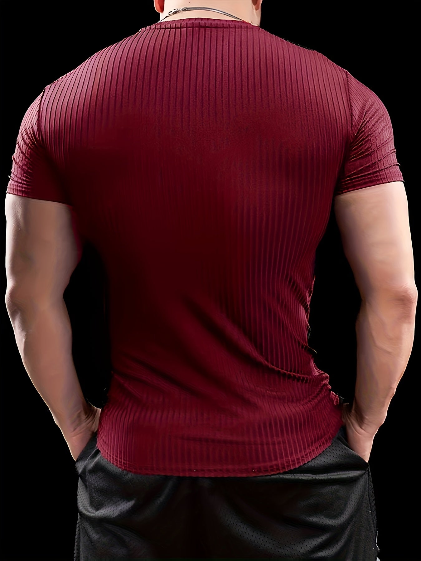 Men's Slim Fit Ribbed Short Sleeve T-Shirt - Stretchy Athletic & Casual Wear, Green, Round Neck, Machine Washable, Muscle-Enhancing Design, Gym Shirts