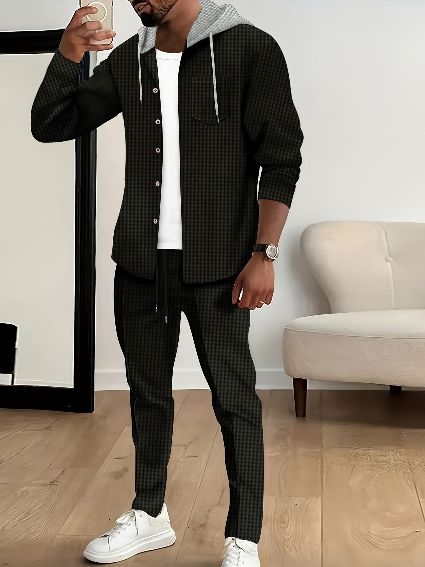 New Long Sleeve Buttoned Hooded Jacket and Rope Pants Set for Spring and Autumn, Waffle Solid Classic Men's Sports 2pcs Sports Suit - Sports Suit for Outdoor Sports Enthusiasts, Breathable and Comfortable