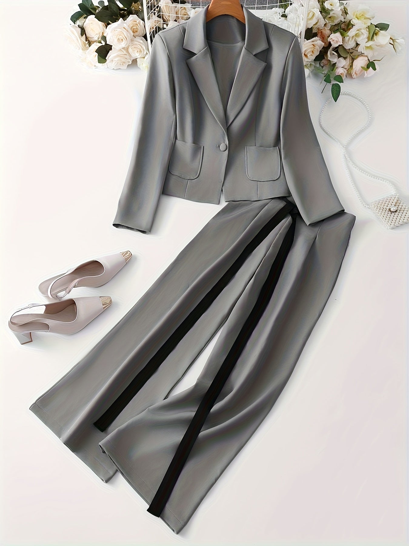 BK052044 Elegant Suit Jacket and Waist-Tie Loose Straight-Leg Wide-Leg Pants Women's Two-Piece Suit