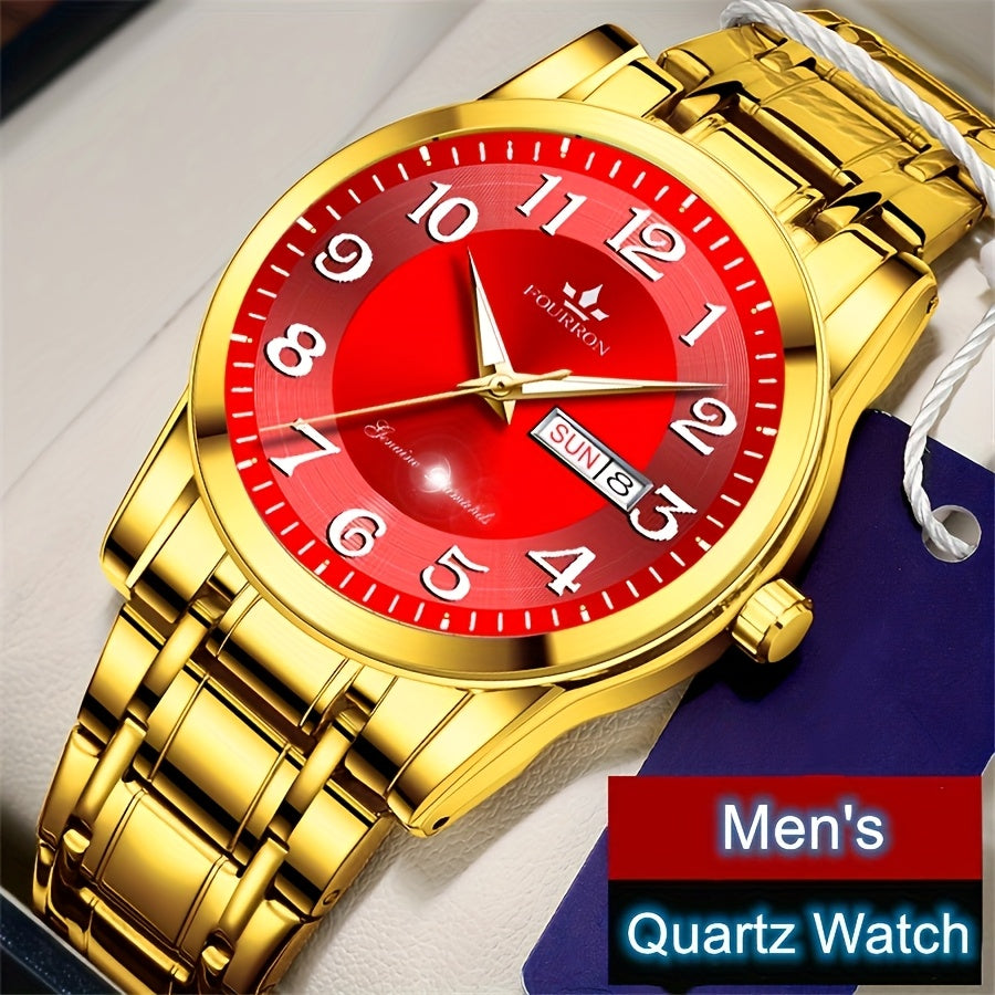 FOURRON Men's Quartz Watch - Trendy and Fashionable Appearance Stainless Steel Band with Luminous & Date Display, Ideal Gift for Birthdays & Holidays, Sunday Calendar Display, Multifunctional Watch, Casual Fashion, Gift for R