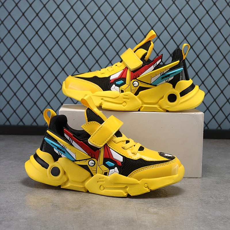 Boys' Lightweight Breathable Mesh Sneakers - Vibrant Yellow Cartoon Design, Hook-and-loop Fastener Closure, Perfect for Spring & Summer Casual Wear, Playful Outdoor Shoes | Cartoon Pattern Shoes | EVA Cushioned Sole
