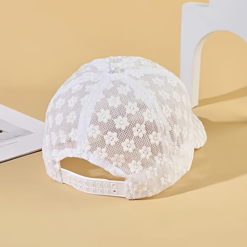 Adjustable Outdoor Casual Hat Breathable Hollow-Out Duckbill Cap Korean Style Summer Lace Flower Baseball Cap Fashion Versatile Sporty Hat Suitable for men and women.