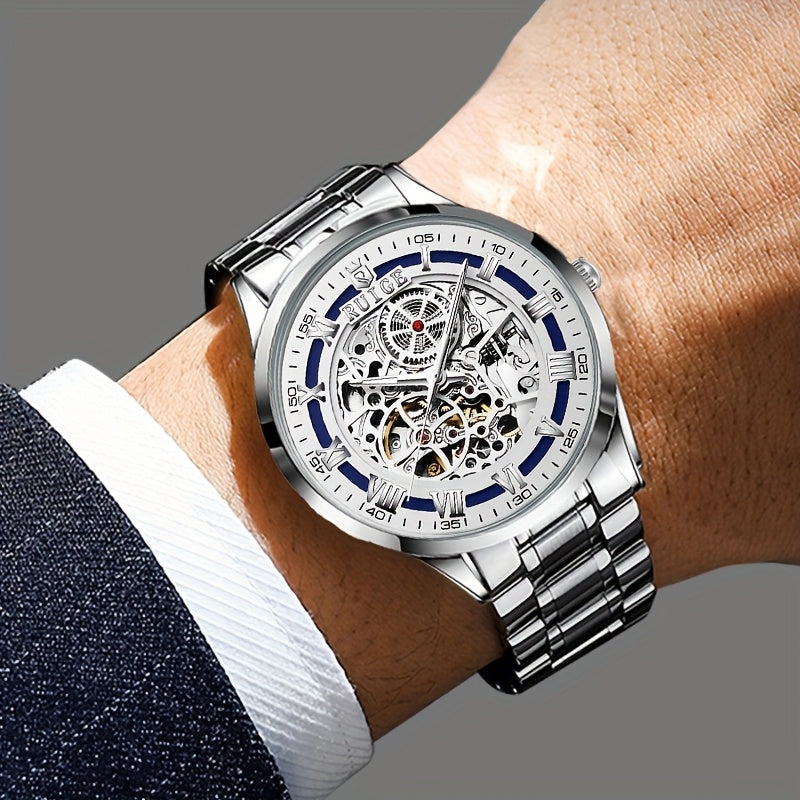 Dianpai Men'S Luxury Automatic Mechanical Watch - Skeleton Design, Stainless Steel Strap, Blue & White Dial, Mechanical Movement, Ideal for Christmas, Thanksgiving, and Spring Festival, Without Battery
