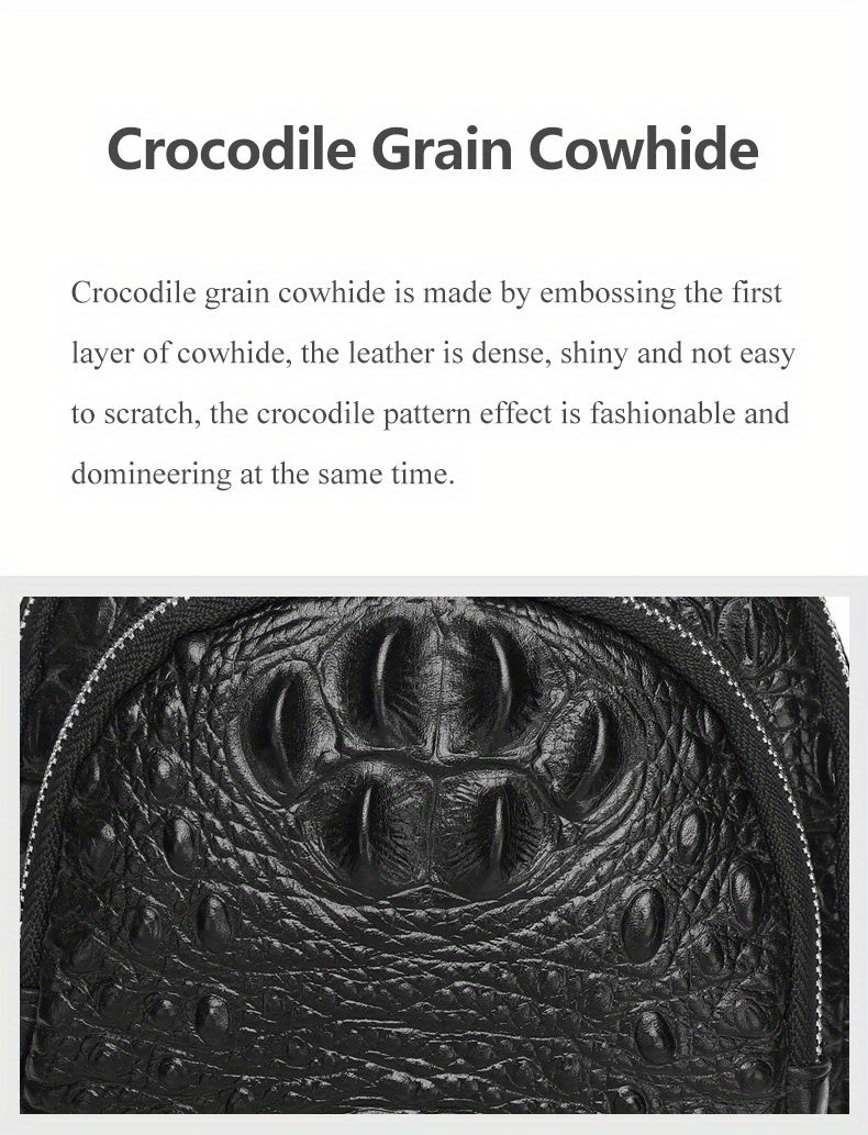 SCHLATUM Genuine Leather Crocodile Pattern Sling Bag - Black, Large-Capacity Multifunctional Crossbody Backpack for Travel, Sports & Camping, Stylish Zipper Closure Design