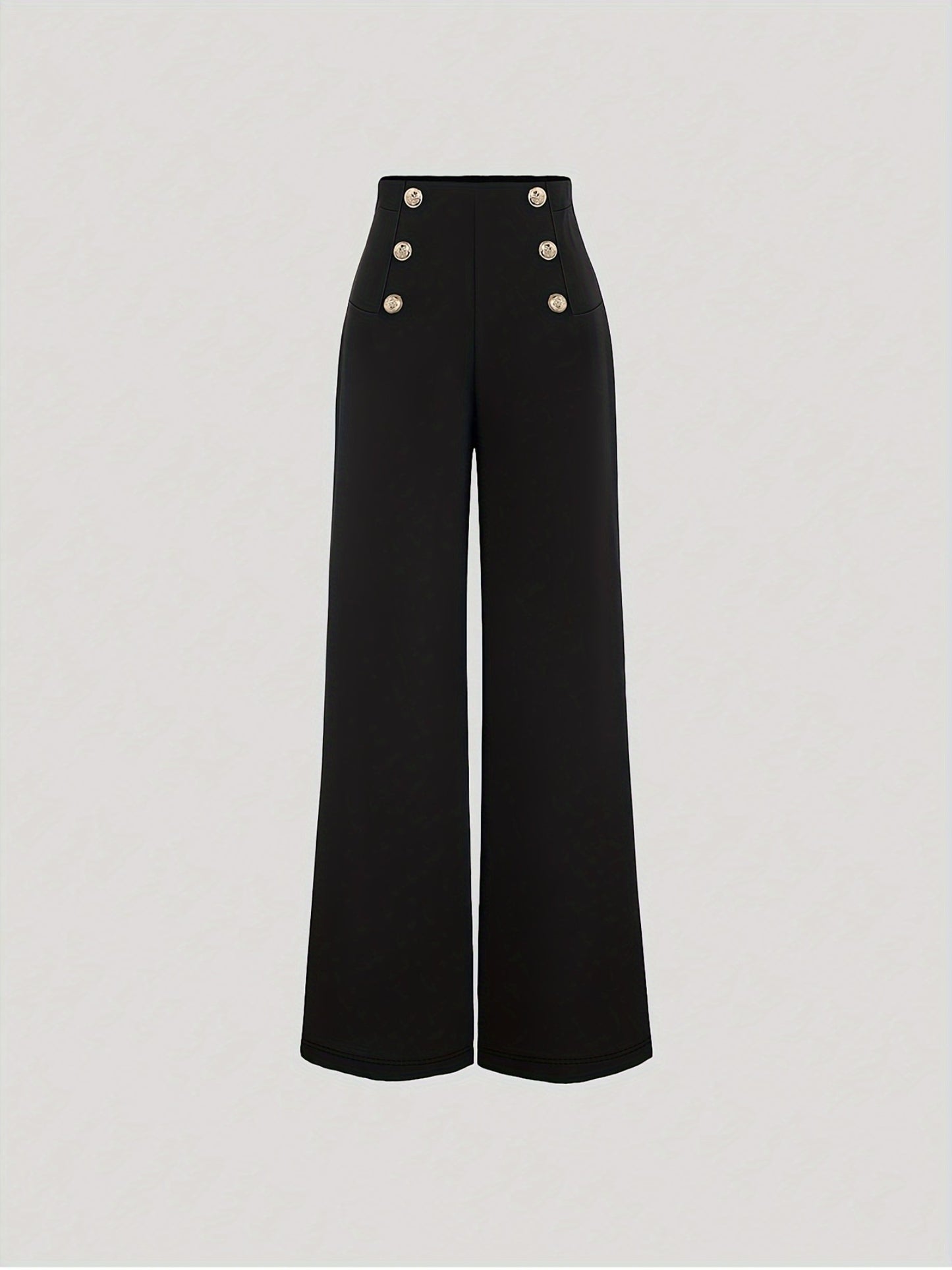 Women'S Elegant High-Waist Wide Leg Pants - Black Polyester Straight Leg with Button Detail, All-Season Fashionable Trousers for Casual or Dressy Wear
