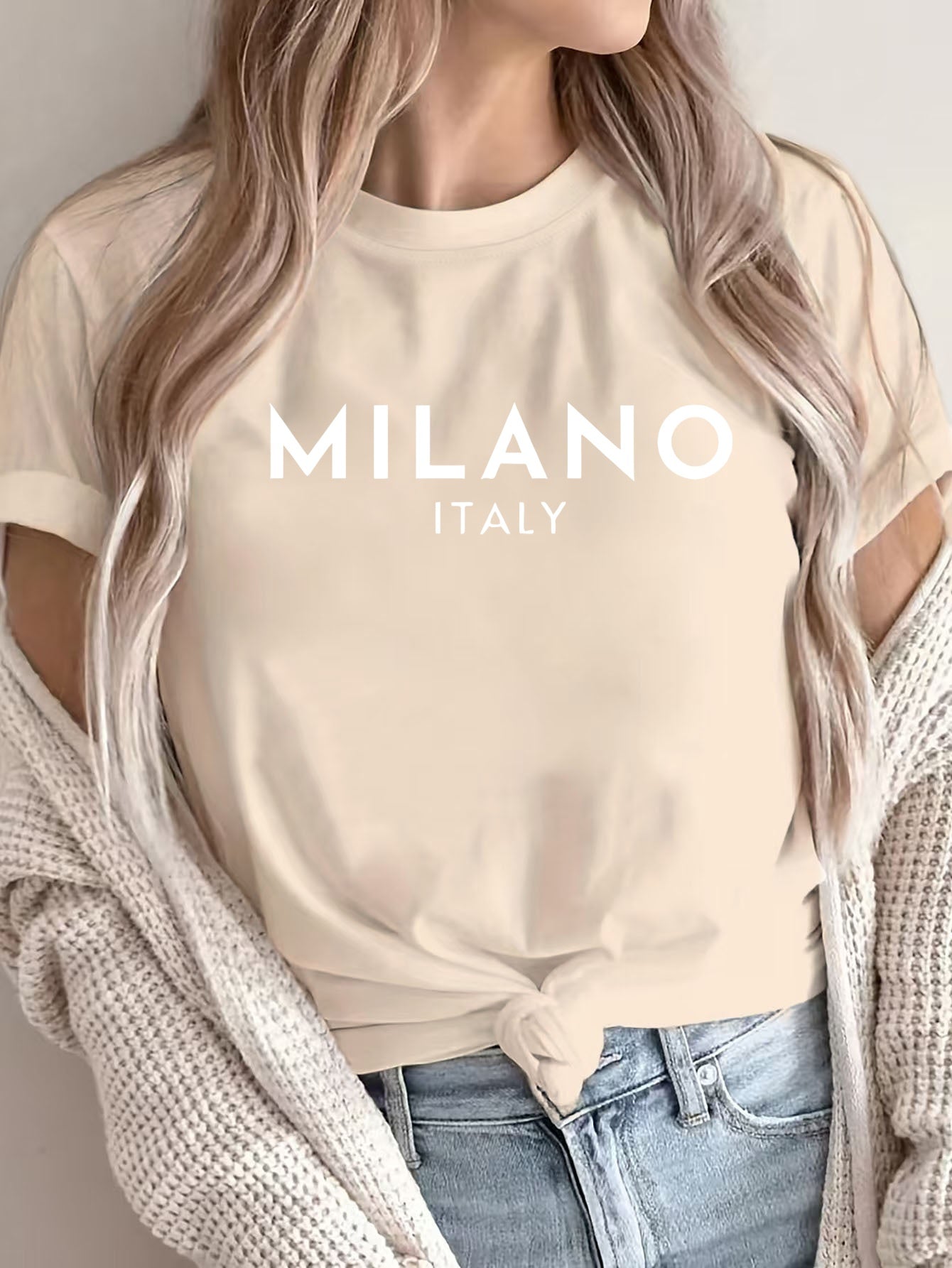 Women'S Casual Polyester T-Shirt with "Milano Italy" Letter Print, Short Sleeve Crew Neck Top, All-Season Knit Fabric Tee, Regular Length - 180gsm