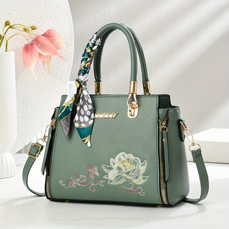 JXZYW Women'S Floral Embossed Large Capacity Tote Bag - Stylish White Shoulder Handbag with Golden-Tone Hardware, Black Handles & Floral Design for Commuting, Shopping, and Casual Outings, Versatile Carryall, Sophisticated Ac