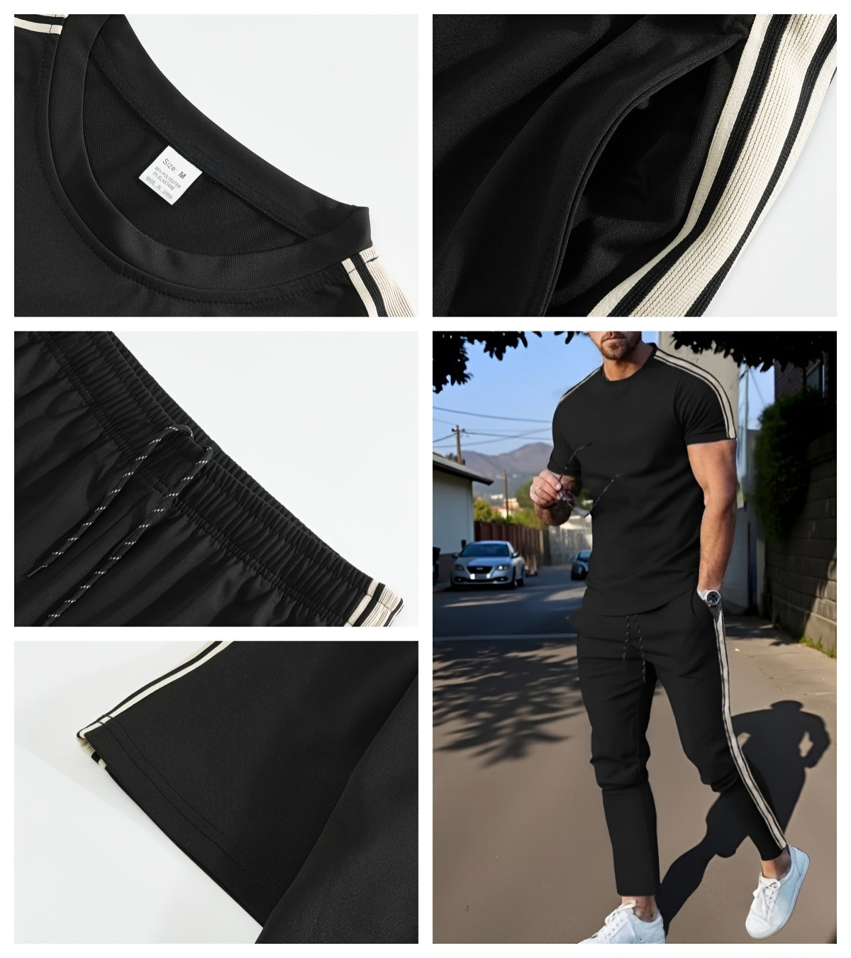Cross-Border New Summer 2pcs Short-Sleeved T-Shirt And Long Pants Casual Men'S Casual Outdoor Sports Suit, Side Stripe Casual And Fashionable Men'S 2pcs Set