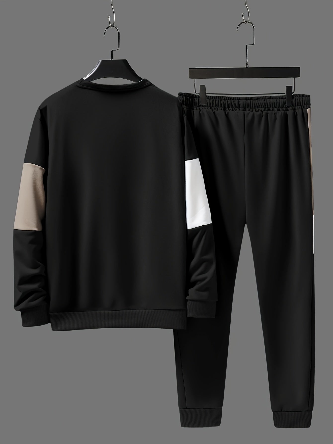 Men's Casual Crew Neck Sweatshirt & Joggers Set - Color Block, Polyester Blend, Machine Washable - Perfect for Spring/Fall, Leisure Style, Conventional Version, Spring/Autumn