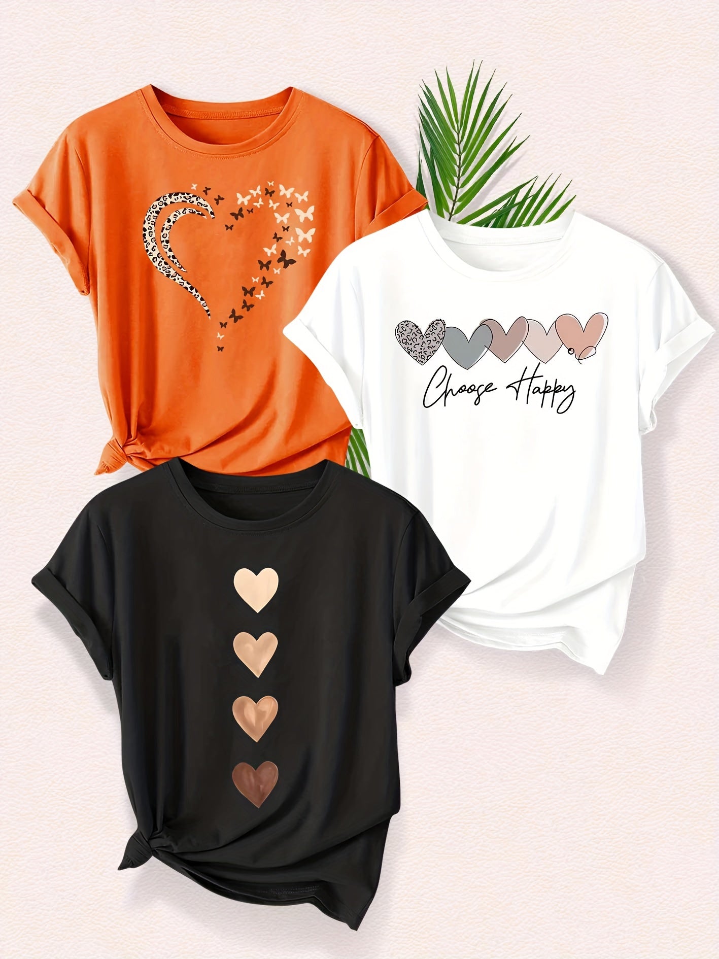 Leopard Print Small Butterfly Love Hearts in Pairs with English Letter Pattern Printed Fashion Retro Style Women's Spring, Autumn and Winter Casual Sports Top Round Neck Short Sleeve T-shirt 3pcs Combination Pack Family Pack