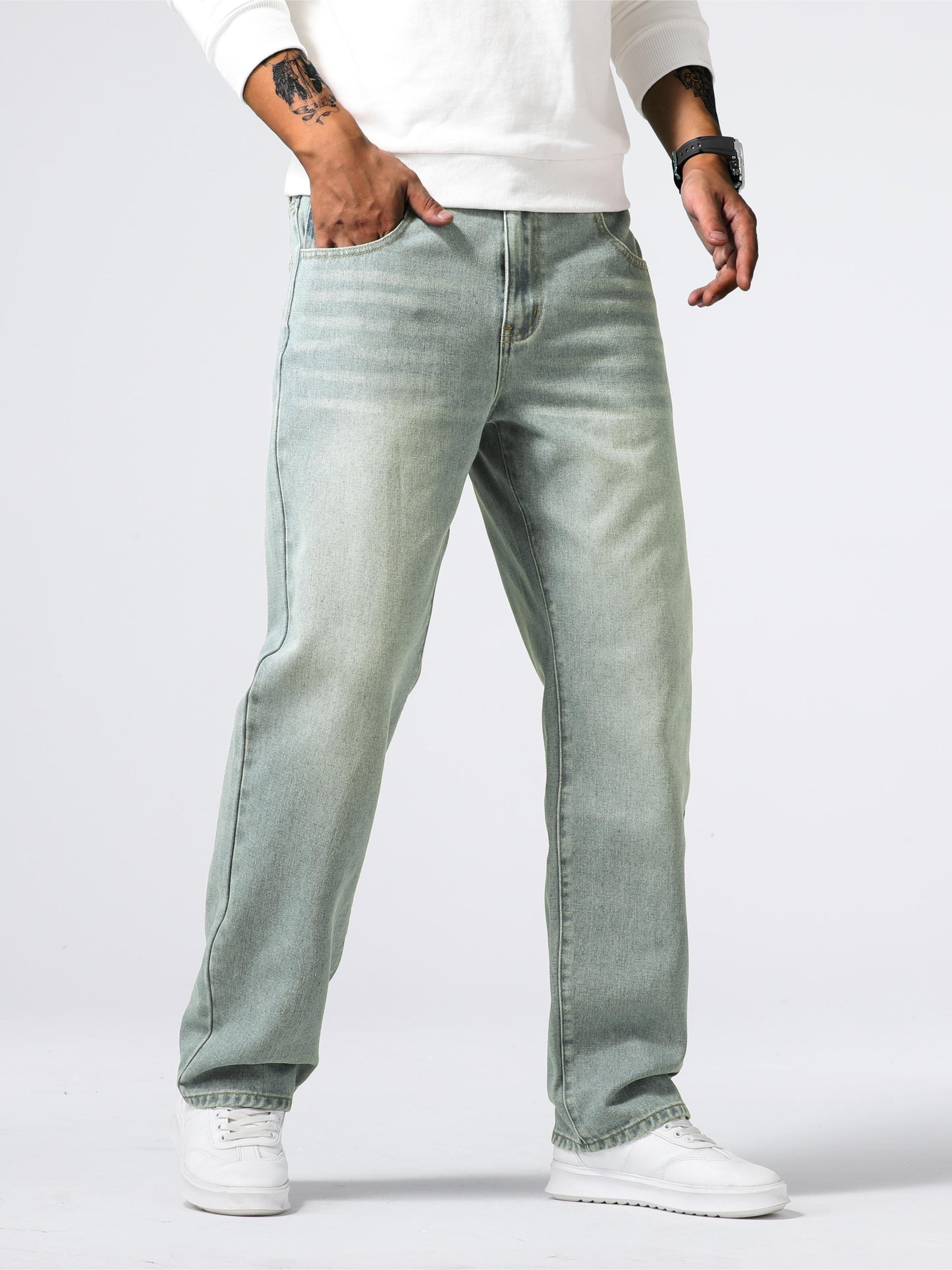 Men'S Loose Fit Straight Leg Jeans, Cotton 85% Polyester 15% Denim, Washed Solid Color Casual Style