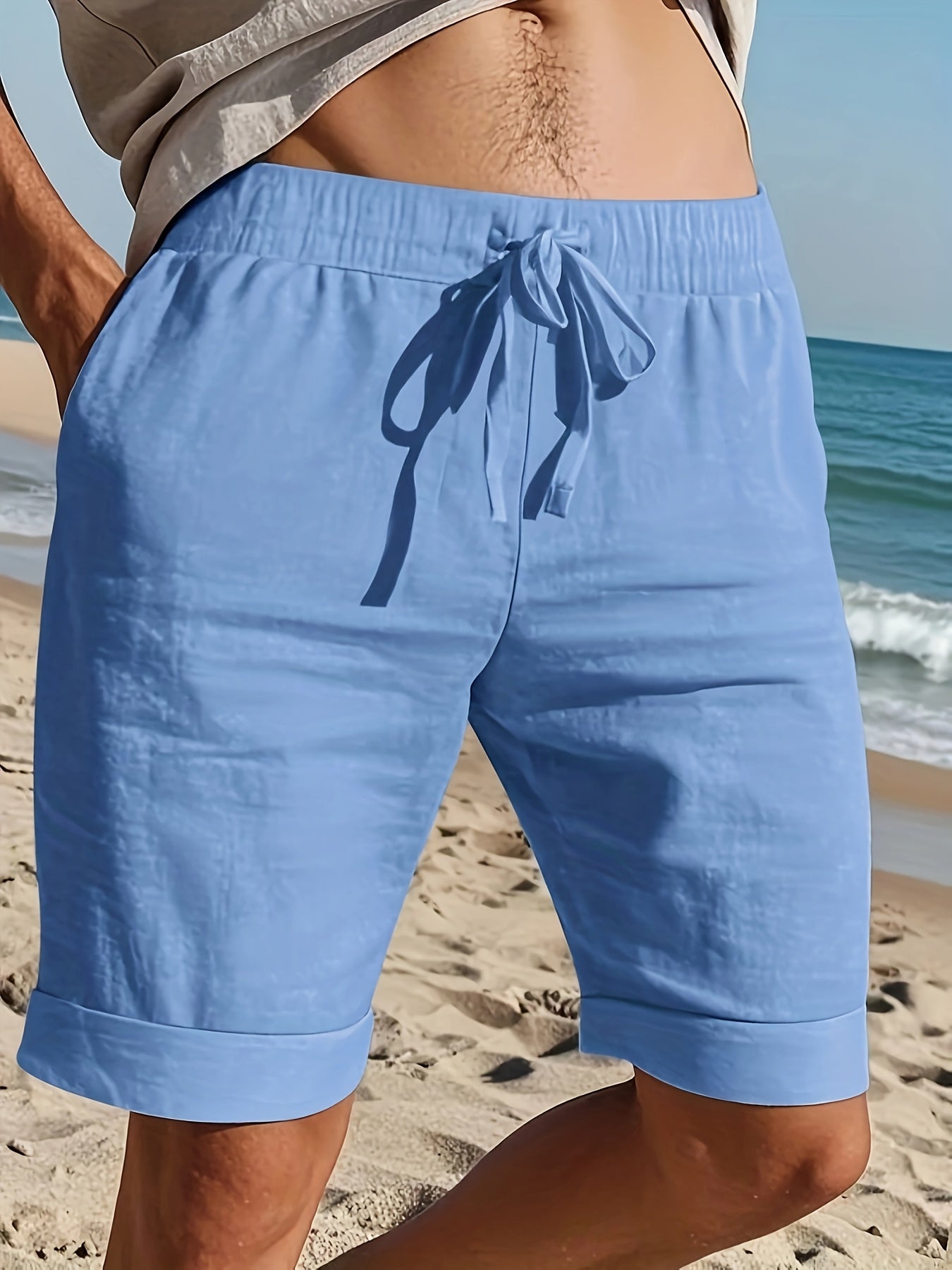 Men'S Light Blue Linen Shorts - Casual & Comfortable with Pockets, Drawstring Waist, Perfect for Summer Beach Outings and Casual Attir