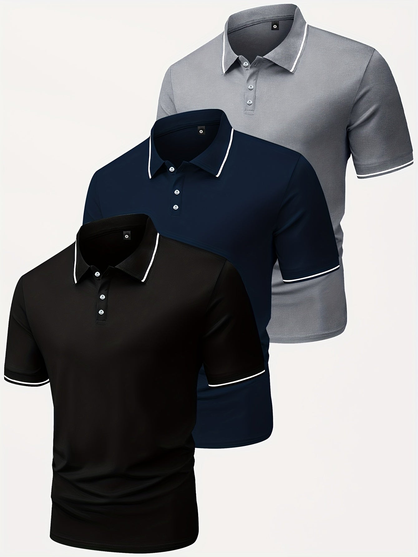 3pcs Men's Casual Fashion Shirts - Breathable Polyester, Short Sleeve, Button-Up with Classic Collar - Machine Washable, Summer Essentials in Black, White, and Beige