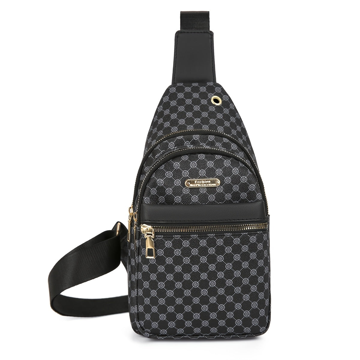 Men's Stylish Geometric Print Sling Bag - Black & White Crossbody Chest Pack with Golden-Tone Zippers, Compact Travel & Everyday Commute Backpack, Modern Accessory | Textured Finish, Crossbody Bag