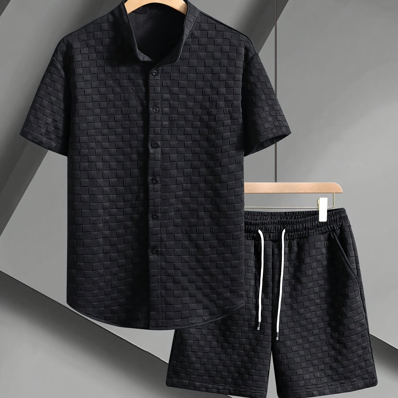 Men'S Casual Summer Short Sleeve Shirt & Shorts Set - Light Blue, Button-Up, Polyester, Perfect for Casual Attire, Parties, and Outdoor Activities, Casual Summer Wear|Short Sleeve Shirt|Polyester Fabri