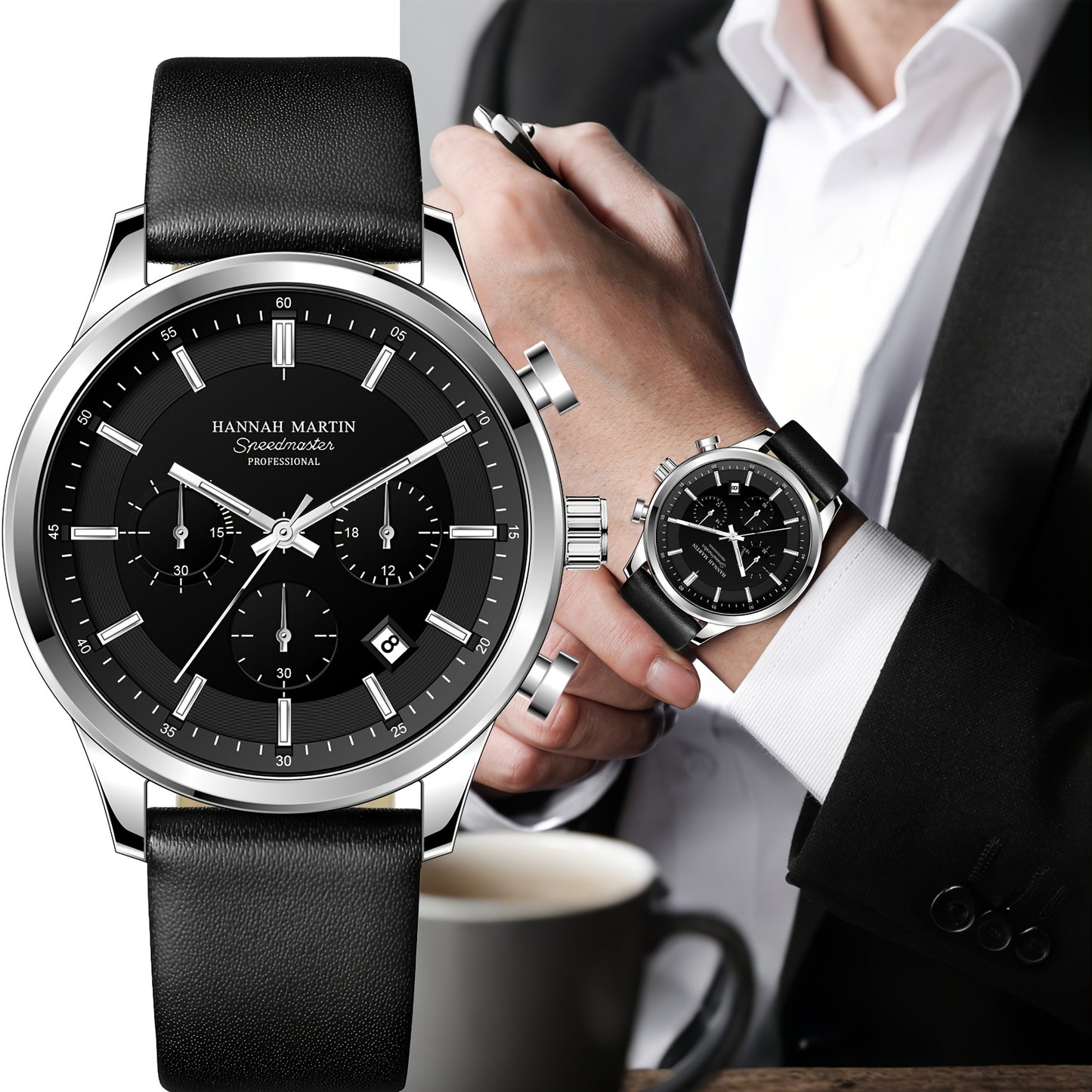 HANNAH MARTIN Men's 2025 Business Chronograph Watch - Black Arabic Numeral & Bar Markers, Date/Second Time Zone, Quartz Movement, Faux Leather Strap, High Quality 30m, Casual & Formal Watch for Casual Attire, Versatile Timepi