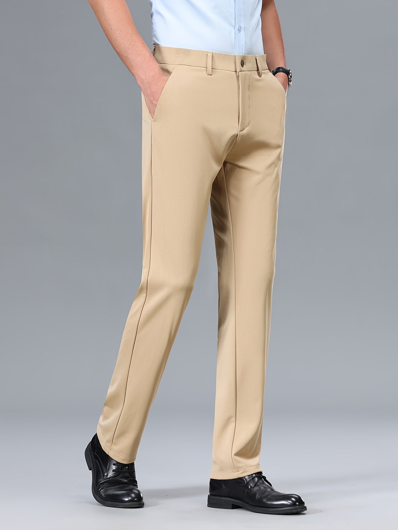 Men's Stretch Dress Pants, Beige with Embroidered Logo - Straight Fit, Wrinkle-Resistant, Polyester Blend, Ideal for Business Casual or Formal Occasions, Allseason Wear|Straight Cut Pants|Stretch Fabric