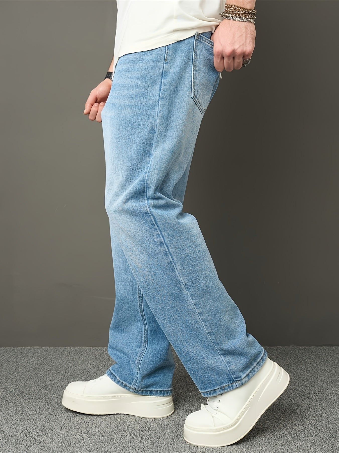 Men's High Street Fashion Solid Color Loose-Fit Denim Jeans, Casual Straight Leg Pants with Raw Wash Detail, Non-Stretch Fabric, All-Season Basic Style, Allseason Jeans | Classic Blue Jeans | Durable Jeans Construction