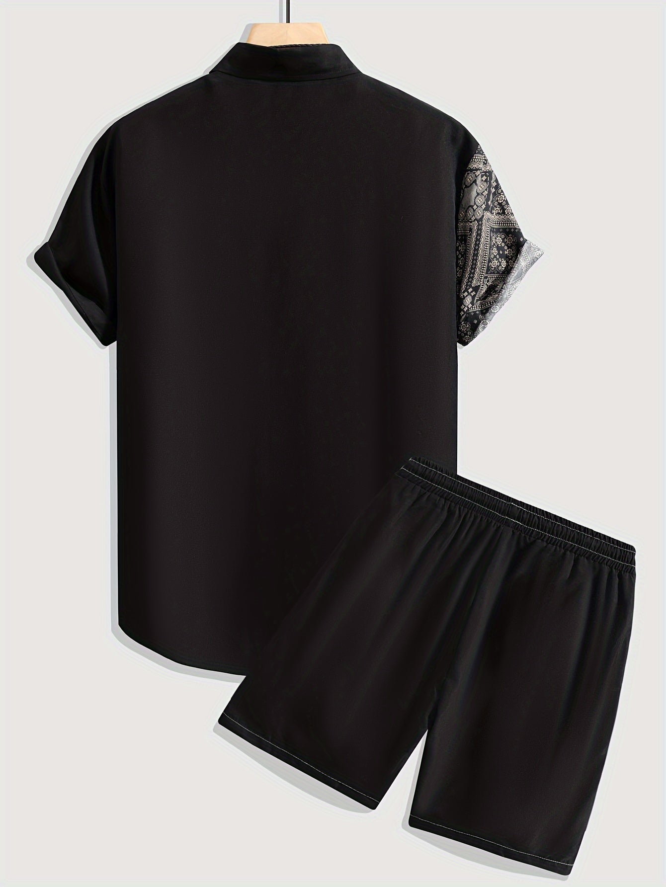 Men's Outfit, Casual Geometric Print Lapel Short Sleeve Button Up Shirt With Chest Pocket & Drawstring Shorts 2-piece co ord set For Outdoor Activities