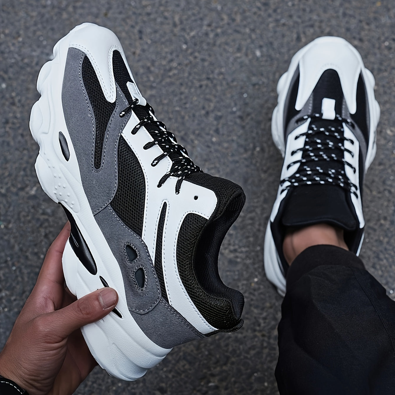 Thick Sole Shock Absorption Chunky Sneakers, Mesh Breathable Lightweight Lace Up Running Shoes, Low Cut Wear Resistance Sport Shoes