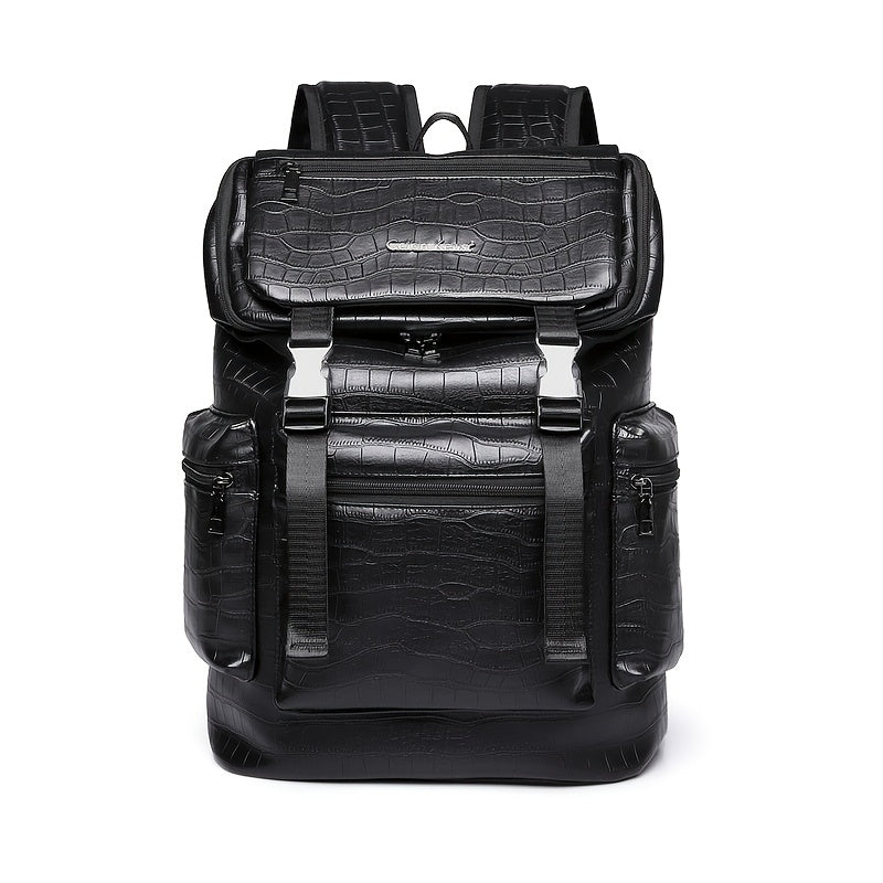 Unisex Backpack with Crocodile Texture, Large Capacity, Anti-Theft, Multi-Compartment, Fits 14-inch Laptop, Casual Travel & Business Commute, Minimalist Style, No Battery - Black