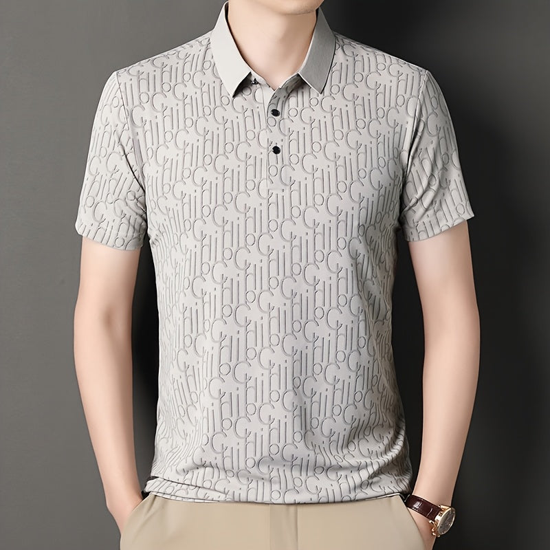 Men'S Casual Summer Short Sleeve T-Shirt with "Gil" Letter Print, Light Gray, Button-Up Collar, Medium Stretch Fabric, Regular Fit, Perfect for Weekend Outings, Relaxed Outing Shirt | Letter Print Tee | Medium Stretch Fabric