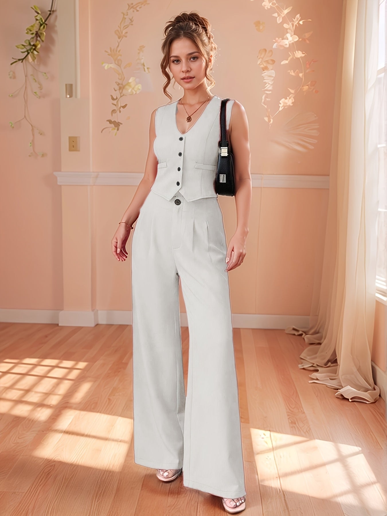 Design-Savvy Red Mini-Chic Sleeveless Suit Vest and Wide-Leg Pants Two-Piece Set