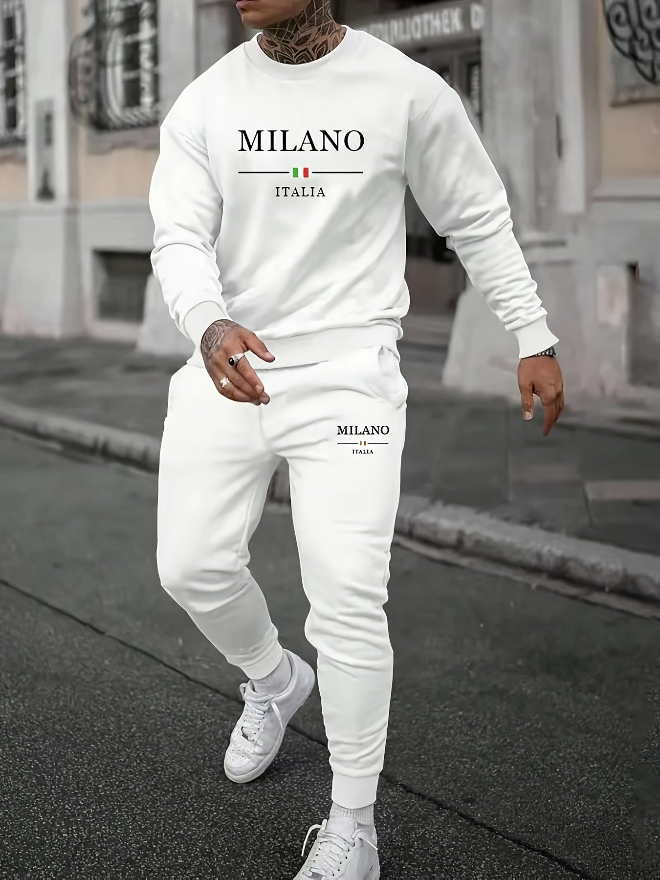 Men's Fashion Casual Sports MILANO Round Neck Sweatshirt and Pants 2pcs Set - Xingfan