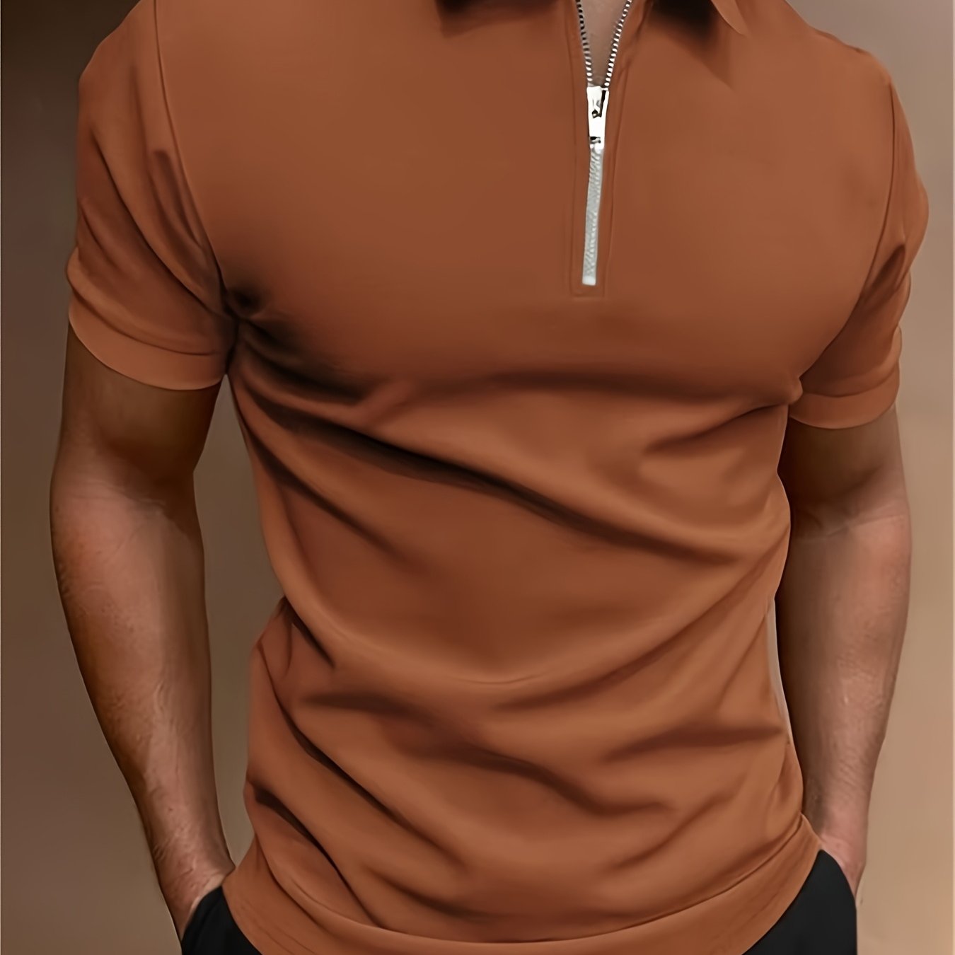 Casual Stretch Men's Solid Color Zipper Lapel Golf Shirt, Male Summer Streetwear