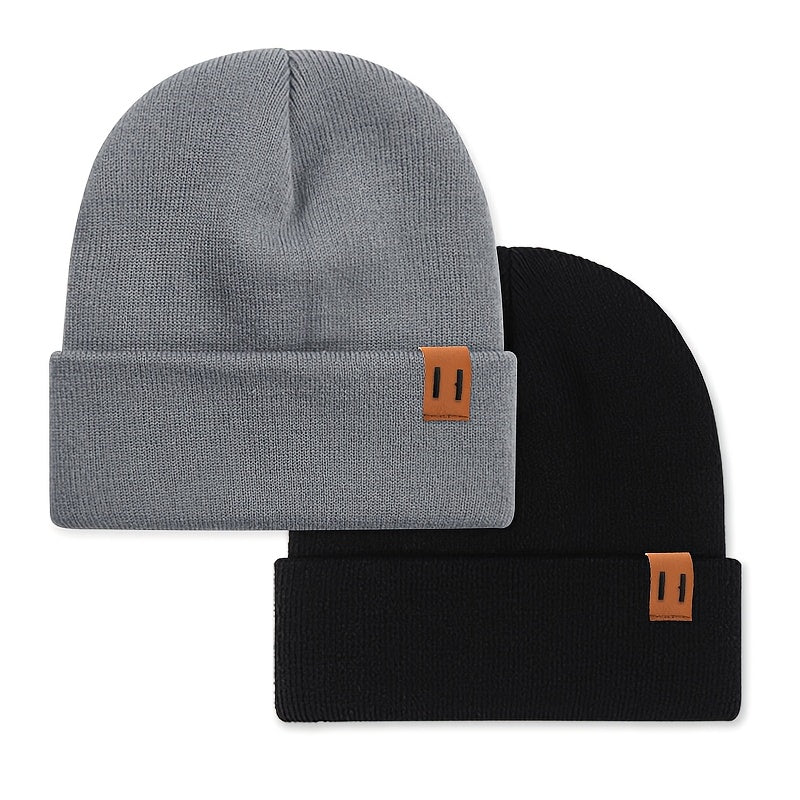 2pcs Fashion Faux Leather Label Knit Hat Set for Autumn and Winter, Outdoor Warm Ear Protection Knitted Cap Wholesale Lightweight Beanie