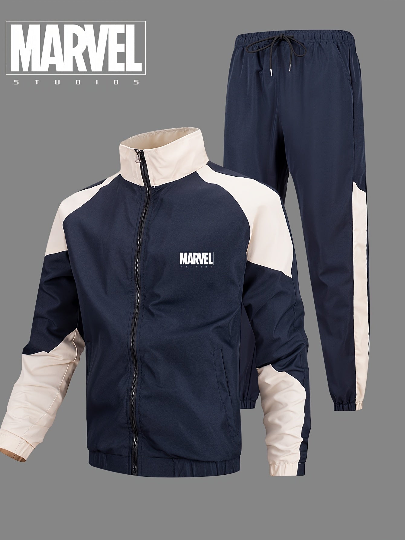 Marvel Men'S Outdoor Sports Set, Full Set with Long Sleeve Jacket and Elastic Waist Pants, Marvel Letter Print, Basic Training Suit, Breathable Fabric, Suitable for Sports, Fitness, Casual Wear
