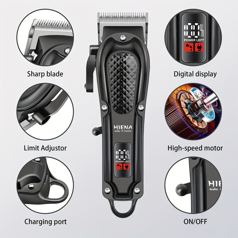 HIENA Men's Grooming Kit: Rechargeable Hair Clipper, Beard Trimmer & Nose Hair Set with LCD Display - USB Charging, 1500mAh Battery, Includes Combs - Ideal Father's Day Gift