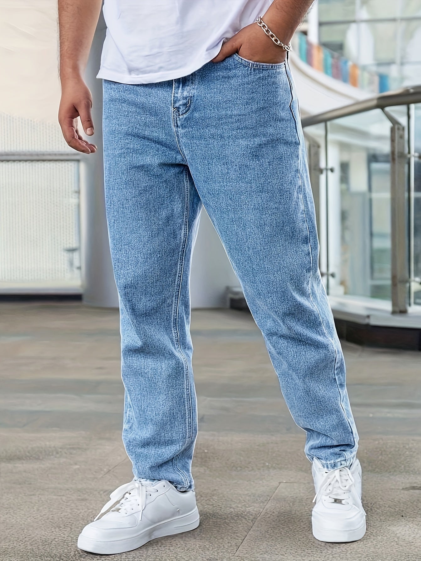 Men'S Loose-Fit Jeans, Cotton Blend Street Style Denim Pants, Non-Stretch Solid Color, Regular Length, with Multiple Pockets for All-Season Wear