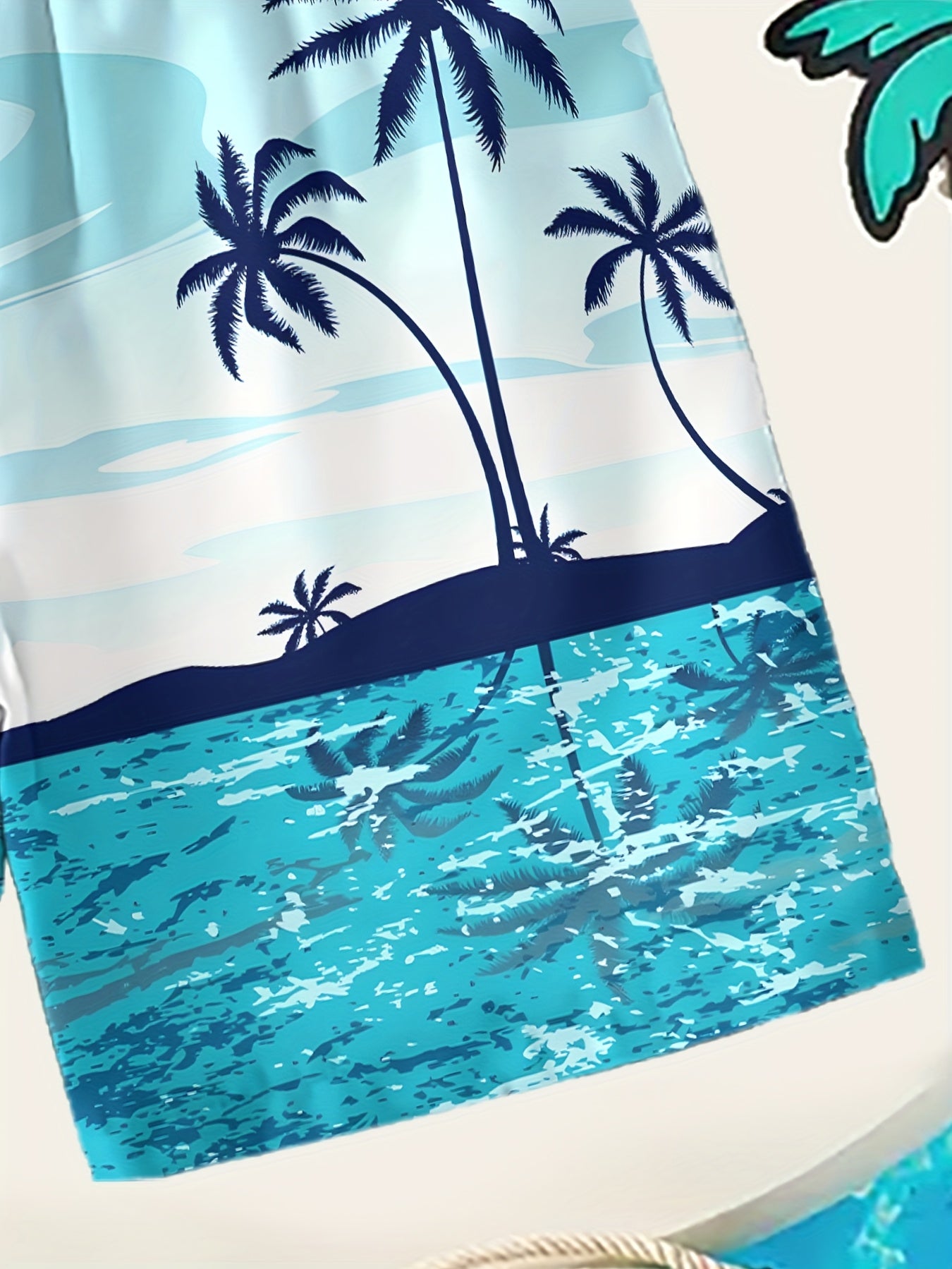 Boys' Tropical Beach Print Swim Shorts - Quick-Dry, Breathable Polyester with Elastic Waistband & Drawstring, Light Blue Palm Tree Design for Summer Fun & Surfing, Beach Shorts, Quickdry Fabric, for Outdoor