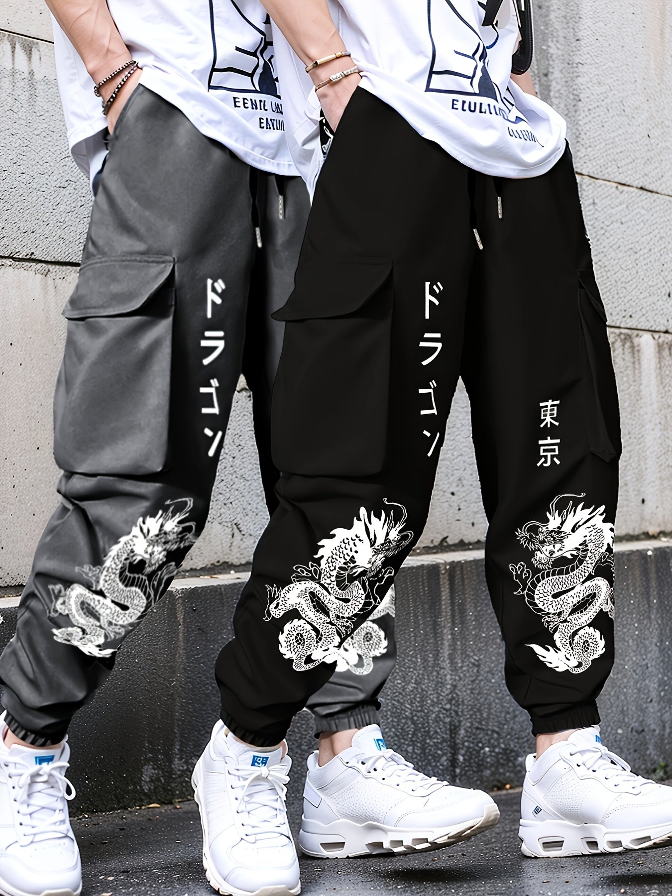 2pcs set Men's casual large pocket overalls elastic waist drawstring printed flower pants for spring and autumn season, for Autumn, Spring