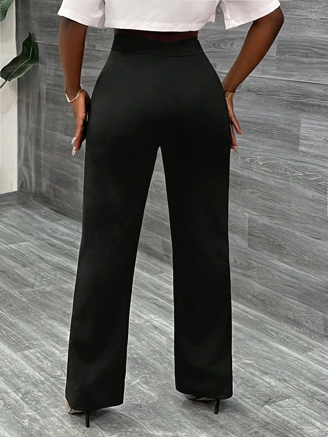 Solid Color Straight Leg Pants, Elegant High Waist Button Front Pants For Work & Office, Women's Clothing