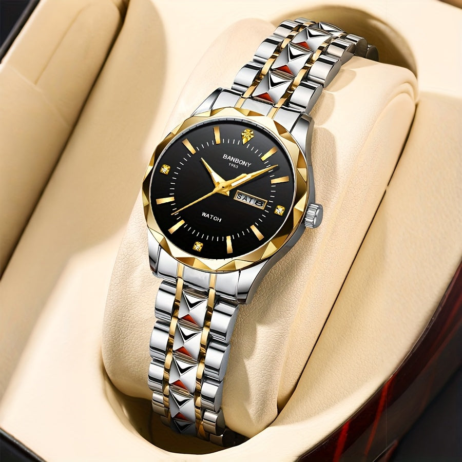 1pc BANBONY Women's Stainless Steel Quartz Watch with Rhinestone Accents, Scratch-Resistant Luminous Dial, IPX7 Waterproof, Week Calendar Display, Blue Dial & Golden-Tone Case - Luxury Casual Sports Watch for Birthdays, Holid