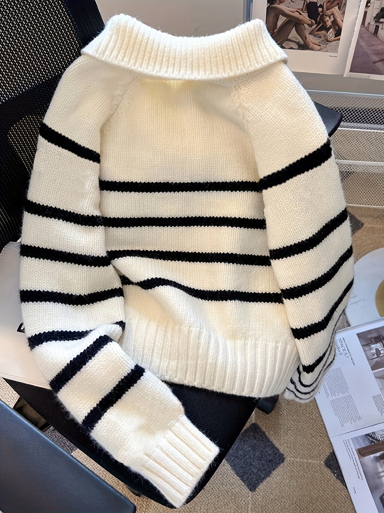 Striped Color Block Collared Sweater for Women Autumn Winter New Arrival Thick Half Zip Loose Soft Knit Top