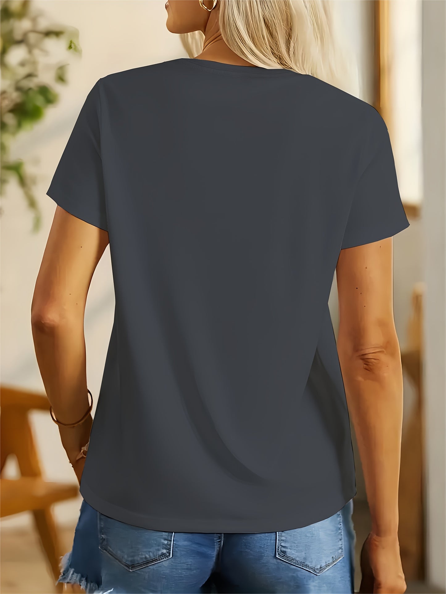 Women's Casual Sport T-Shirt, Round Neck, Heart And Happy Print, Short Sleeve, Soft Knit