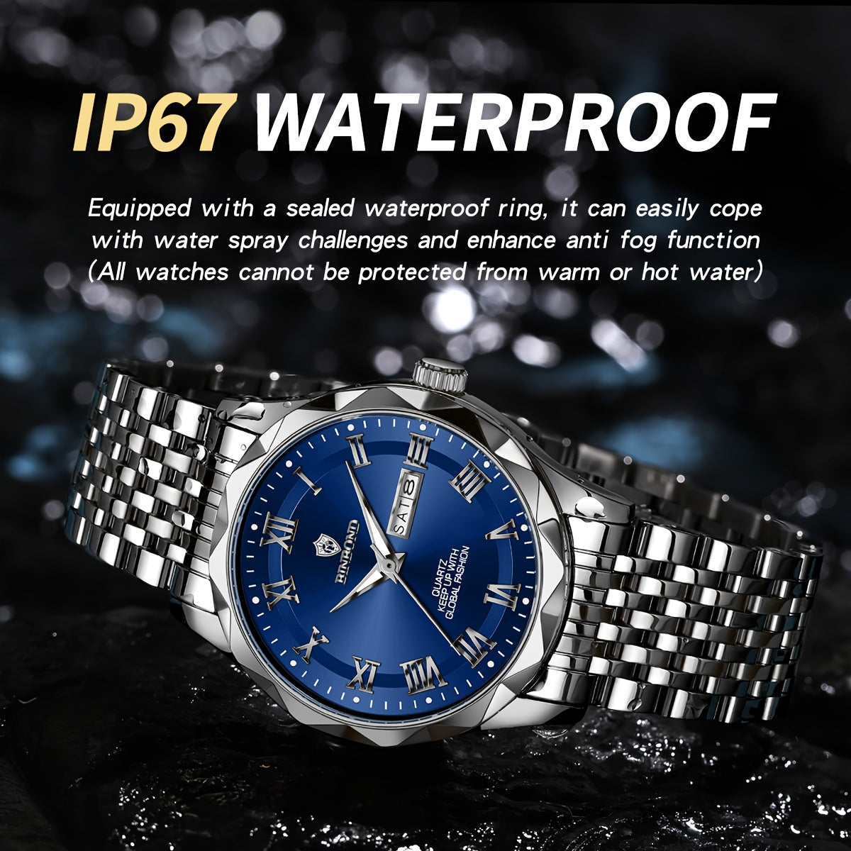 BINBOND Men'S Quartz Watch - Waterproof, Stainless Steel, Luxury Business Style with Stopwatch & Date Display, Blue & Silvery Dial, Electronic Movement, IP67 Rating, Elegant Male Wristwatch for Professional or Casual Wea