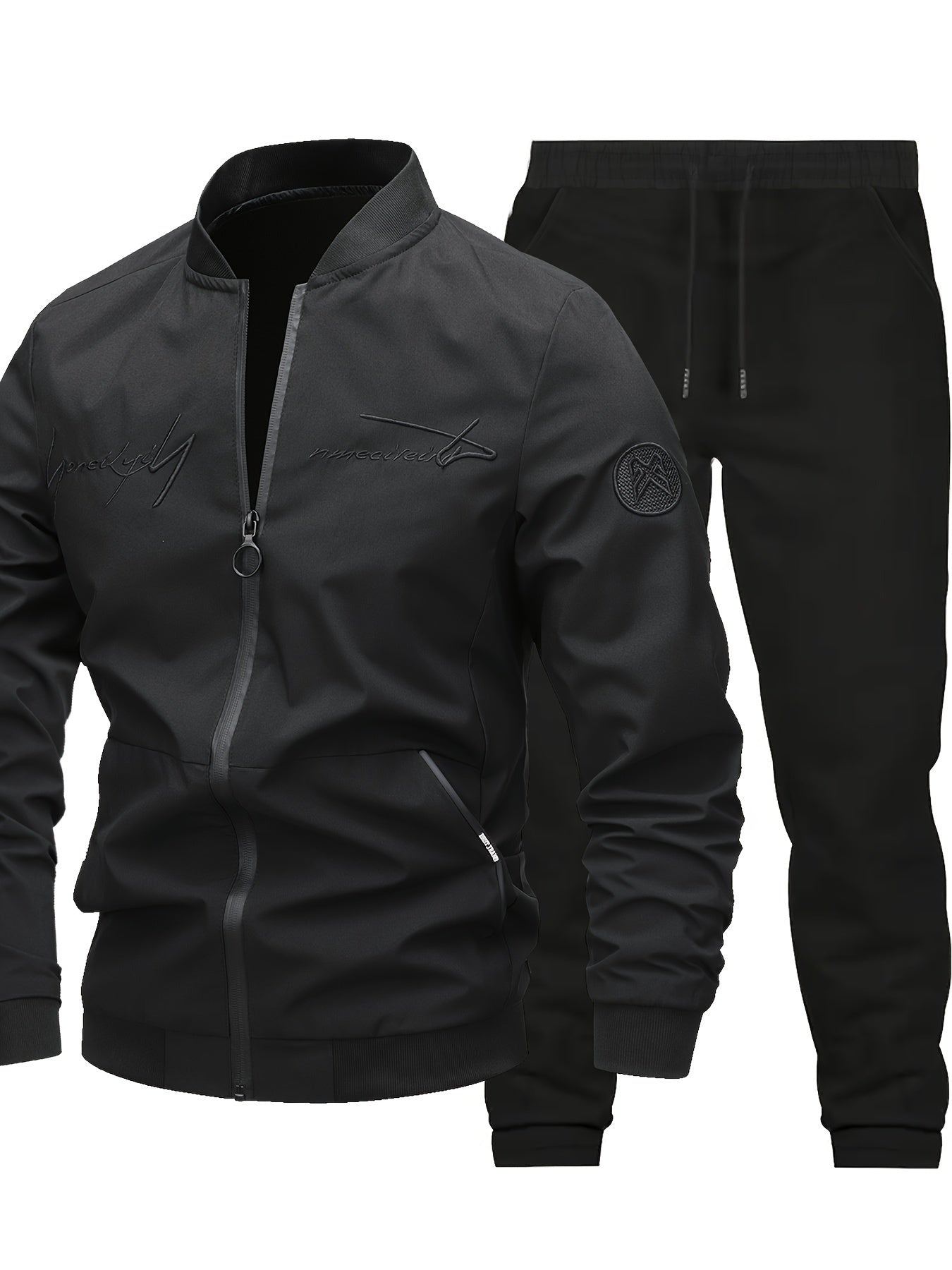 2pcs Men's Classic Bomber Jacket & Jogging Pants Set - Sleek Black with Letter Embroidery, Elastic Cuffs & Waistband, Durable Polyester, Perfect for Outdoor Activities & Casual Wear, Jogging Suits