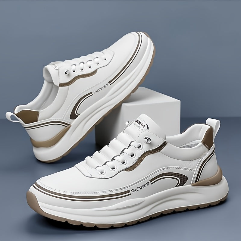Men's Breathable Lightweight Casual Sneakers - Soft EVA Sole, White & Brown Low-Top Lace-Up Shoes for Casual Attire & Light Running, All-Season Comfort, Sleek Shoe Design, Daily Walking, Minimalist Style, Flexible Sole, Urban