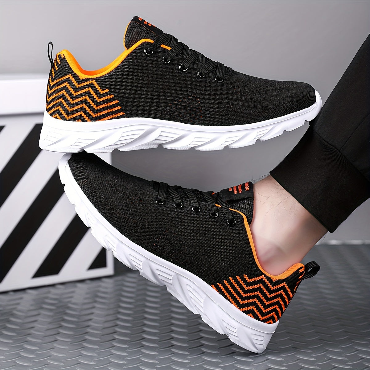 Men's Knitted Breathable Running Shoes, Lightweight Non-Slip Soft Sole, Comfortable for Outdoor Walking, Jogging, Fitness, Daily Activities, EVA Sole, Fabric Upper, Low-Top, Lace-Up Closure, Striped Pattern, All-Season Fashio