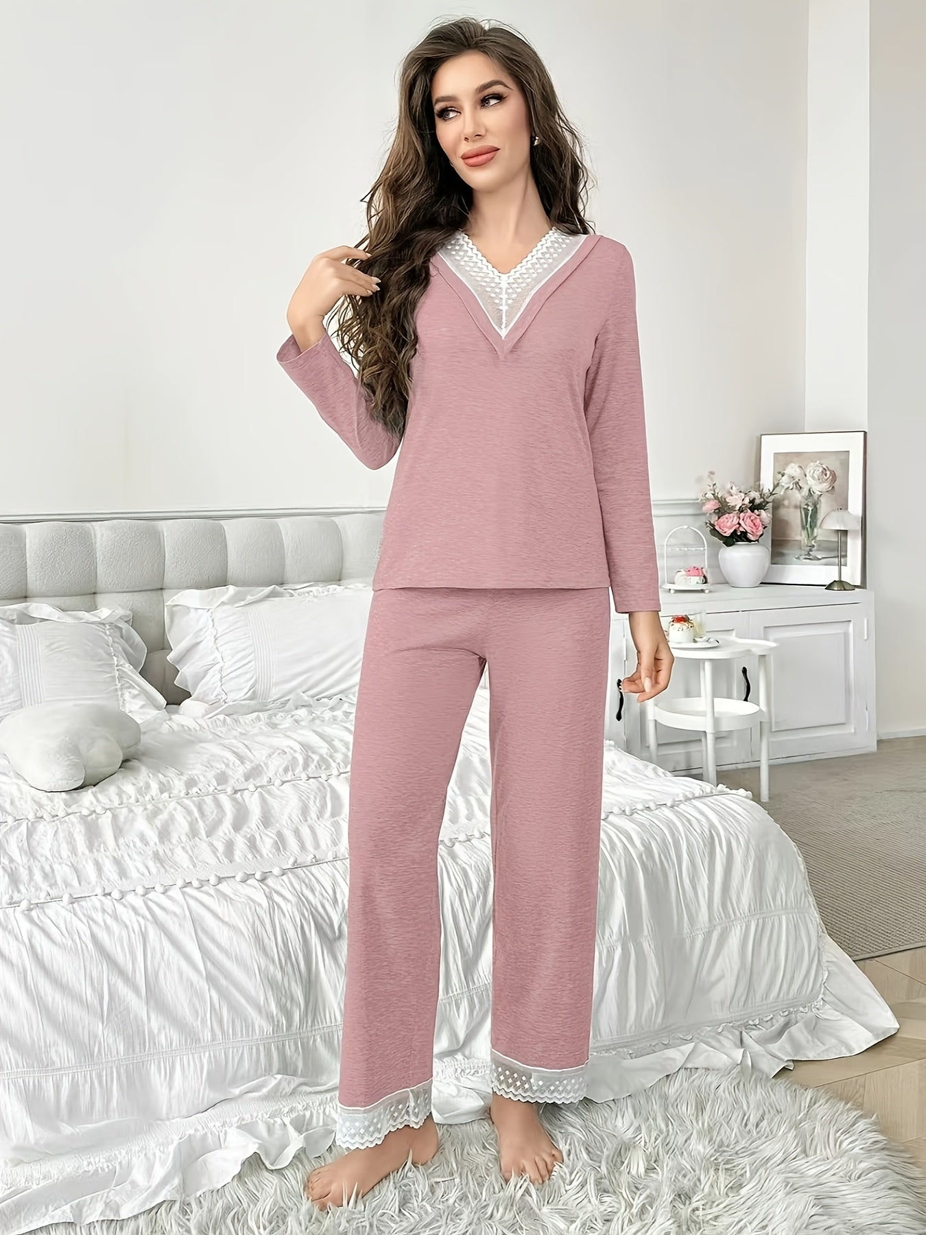 Elegant Women'S Lace-Trimmed Long Sleeve Knit Pajama Set - V-Neck, Solid Color, Ribbed Detail, Perfect for Spring & Fall, Comfortable Loungewear, Relaxed Fit Pajamas | Vneck Top & Long Sleeve Pants | Polyester Blen